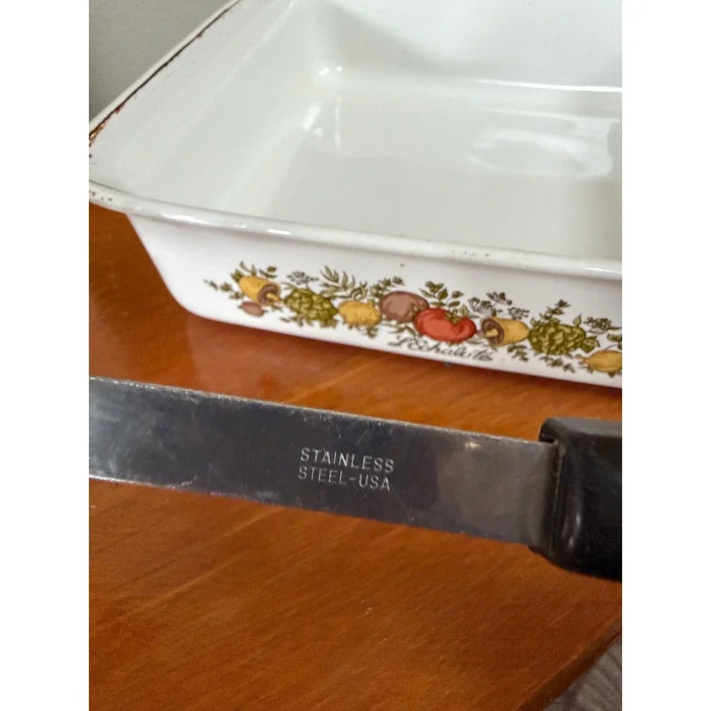 Vintage Corning Ware Spice O Life L Echalote 8x8x2 Baking Dish & Slotted Spoon